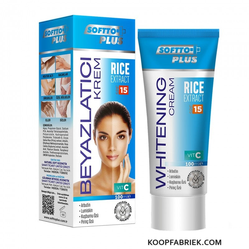 Softto Plus - Whitening Rijstextract Bodycrème 100 (ml.) | Voor het bleken van de huid | Whitening Cream | Vitamine A + B1 /B2 + C + E  | Rozenbottel | Verwijderd Oneffenheden | Gevoelige Huid | Zeer Effectief | SPF - 15 |