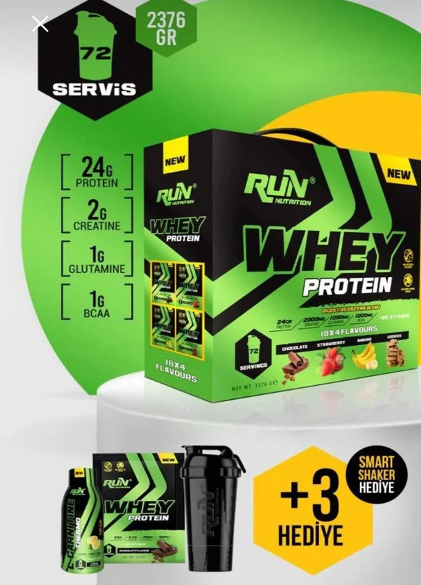 Run Nutrition - 72 Sachets of Whey Protein - 4 Flavors | HALAL | 72 Zakjes x 33GR | Perfect voor in uw gym-tas! Hogere Kwaliteit Sportvoeding | Extra Digestive Enzyme added + Quinoa