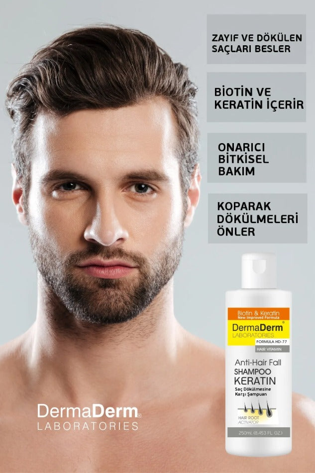 Dermaderm - Anti-Hair Fall Shampoo Keratin 250 (ml.) | Dubbele Kracht Formula HD-77 - Biotin & Keratin | Geç uzayan saçlar için