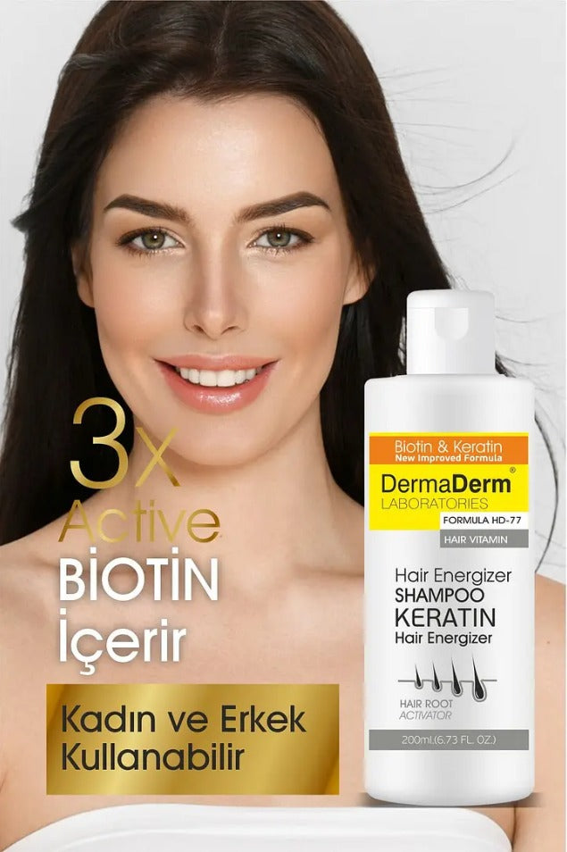 Dermaderm - Anti-Hair Fall Shampoo Keratin 250 (ml.) | Dubbele Kracht Formula HD-77 - Biotin & Keratin | Geç uzayan saçlar için
