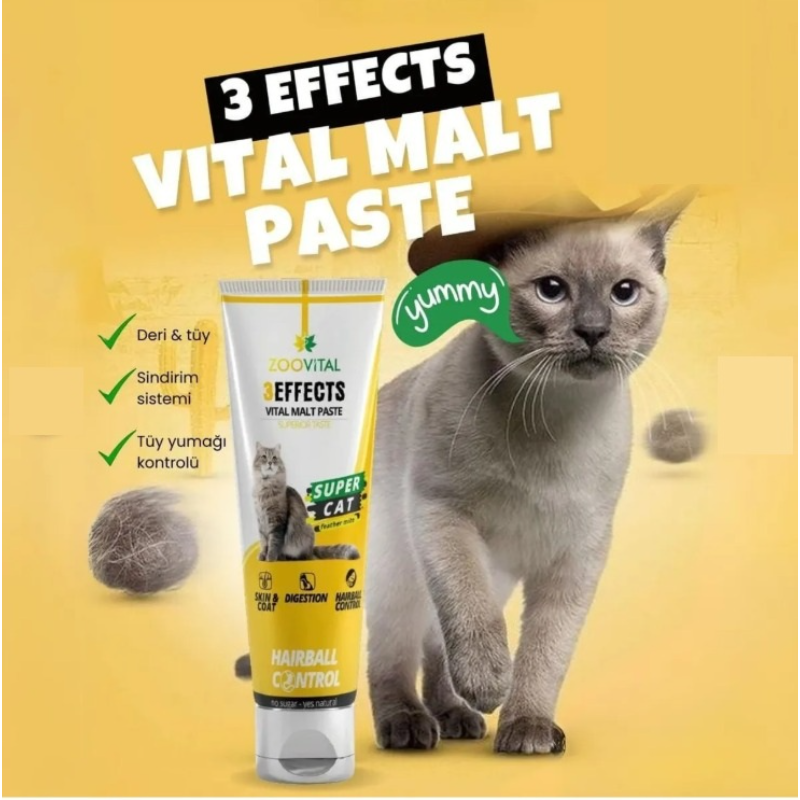 Zoovital - 3 Effects Vital Malt Paste 100 (gr.) | Anti-haarbal Moutpasta voor katten - Rijk aan prebiotica (MOS) en B-vitamines